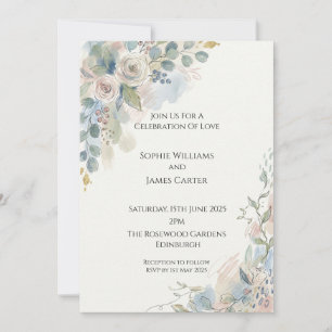 Staubblaue Blumenrahmen-Hochzeitseinladung Einladung