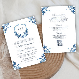 Staubblaue Blumenschwappen-Hochzeit mit QR-Code Einladung