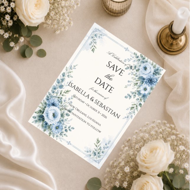 Staubblaue Blumige Hochzeit Save The Date (Von Creator hochgeladen)