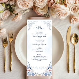 Staubblaue Blumige Hochzeitsmenü Menükarte
