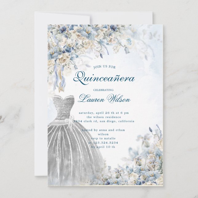 staubblaue Blüte Quinceañera Einladung (Vorderseite)