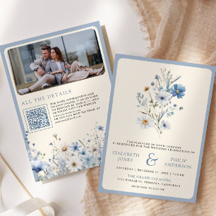 Staubblaue Boho-Wildblumen-Foto-QR-Code-Hochzeit Einladung