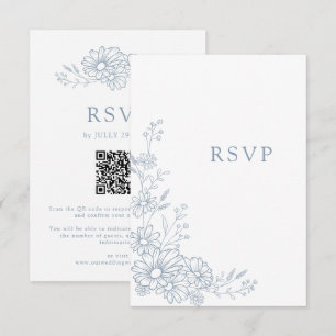 Staubblaue Botanische Daisy QR-Code-Hochzeit RSVP Karte