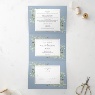 Staubblaue botanische Grünpflanzen-Foto-Hochzeit Dreifach Gefaltete Einladung