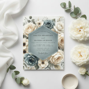 Staubblaue botanische romantische Hochzeit Einladung