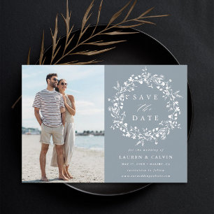 Staubblaue elegante Boho-Wildblumen-Hochzeitsfoto Save The Date