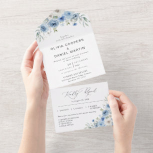 Staubblaue Elfenbeinfarbene Hochzeitseinladung All In One Einladung