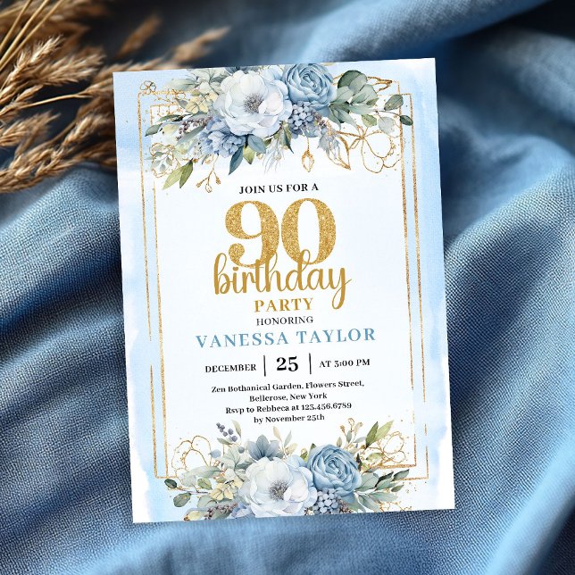 Staubblaue Eukalyptus 90. Geburtstag Elegante Einl Einladung (Dusty Blue Eucalyptus 90th Birthday Elegant Invitation Gold Frame)