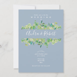 Staubblaue Eukalyptus-Grün-Garland-Hochzeit Einladung