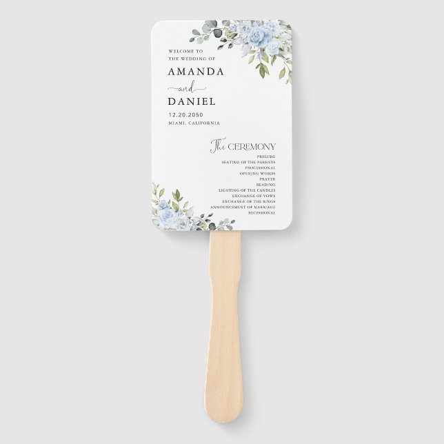Staubblaue Florale Eukalyptus Hochzeitsprogramm-Ha Fächer (Vorderseite)