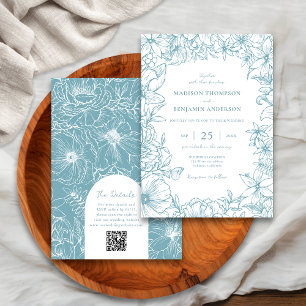 Staubblaue Florale Gartenbogen-Hochzeit RSVP QR Co Einladung