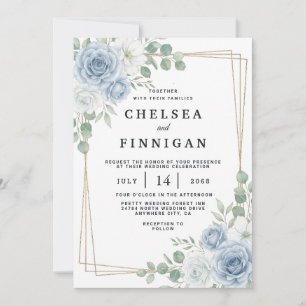 Staubblaue Florale Goldrahmen Hochzeitseinladung Einladung