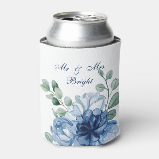 Staubblaue florale Wasserfarbe-Monogramm-Hochzeit Dosenkühler