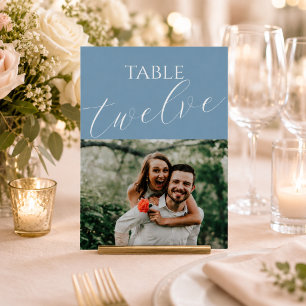 Staubblaue Foto-Hochzeitstisch-Nummer Tischnummer