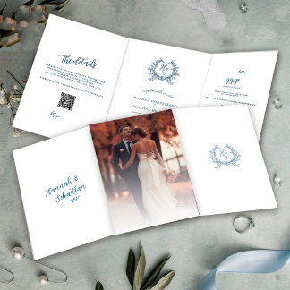 Staubblaue Foto-QR-Code-RSVP-Hochzeitsdetails Dreifach Gefaltete Karte
