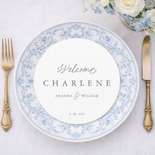 Staubblaue französische runde Hochzeitsmenükarte Menükarte