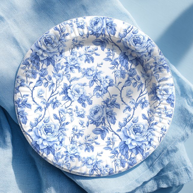 Staubblaue französische Toile-Rosen Blumen-Papiert Pappteller (Dusty Blue French Toile Roses Floral Paper Plates)