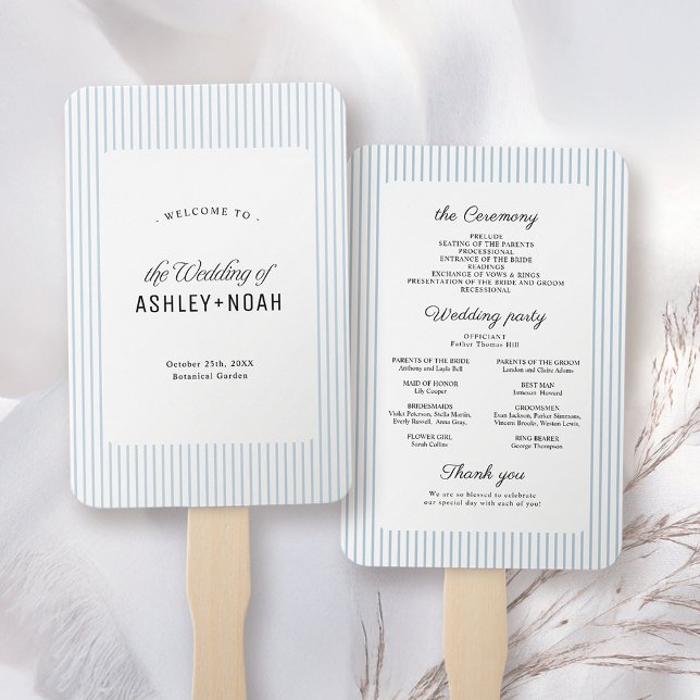 Staubblaue gestreifte Eleganz Hochzeitsprogramm Fächer (Dusty Blue Striped Elegance Classy Wedding Program Hand Fan)