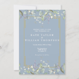 Staubblaue Grünpflanzen-Aquarell-Blumenhochzeit Einladung
