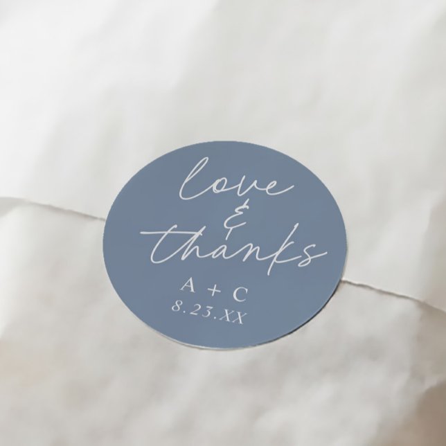 Staubblaue Handschrift Danke Hochzeitsgeschenk Runder Aufkleber (Elegant dusty blue handwriting  wedding thank you favor stickers)