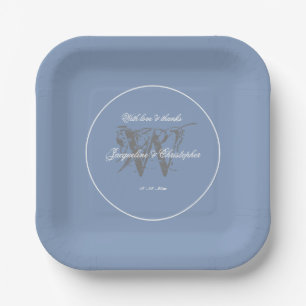 Staubblaue Hochzeit Elegantes Grau Monogramm Pappteller