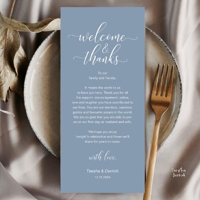 Staubblaue Hochzeit Tischkarten-Dankeskarten Programm (Welcome and Thanks, Wedding Dinner Place Setting Thank You Card in Dusty Blue)