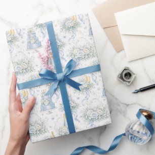 Staubblaue Hochzeits-Wasserfarben-Blumen & Torte Geschenkpapier
