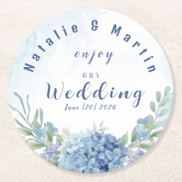 Staubblaue Hortensien-Aquarell-Blumenhochzeit Runder Pappuntersetzer