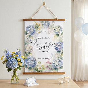 Staubblaue Hortensien-Blumen-Bridal-Shower-Willkom Wandteppich Mit Holzrahmen