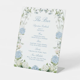 Staubblaue Hortensien-Hochzeitsempfangsbar Sockelschild