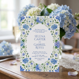 Staubblaue Hortensien-Küsten-Garten-Hochzeit Einladung