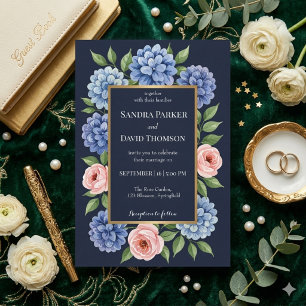 Staubblaue Hortensien pastellrosa Rosen Hochzeit  Einladung