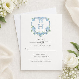 Staubblaue Hortensien-Wappen-Monogramm-Hochzeit RSVP Karte