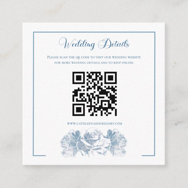 Staubblaue Kalligrafie QR-Code Hochzeit Begleitkarte (Vorderseite)