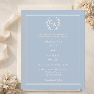 Staubblaue Kranz-Monogramm-Hochzeitseinladung