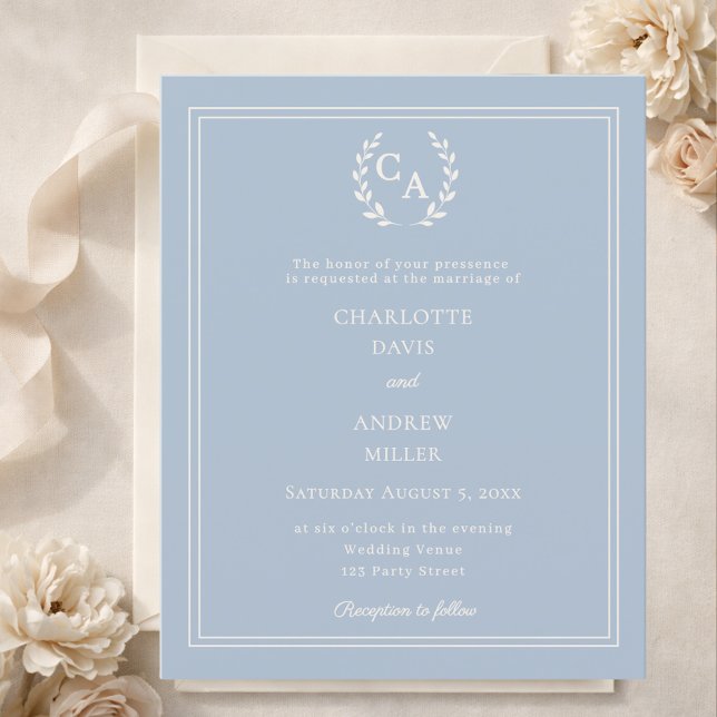 Staubblaue Kranz-Monogramm-Hochzeitseinladung (Von Creator hochgeladen)