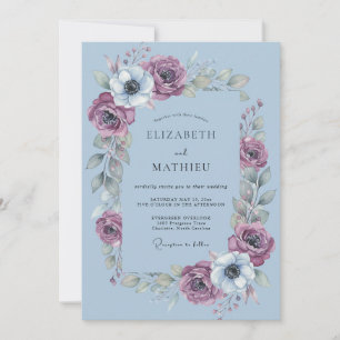 Staubblaue künstlerische Hochzeit mit floralen Mot Einladung