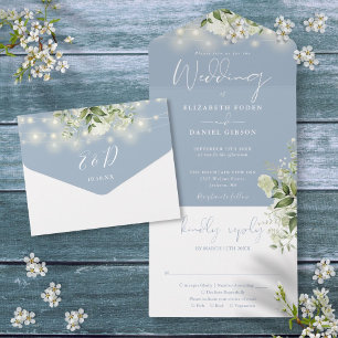 Staubblaue Lichterkette Grün Monogramm Hochzeit All In One Einladung