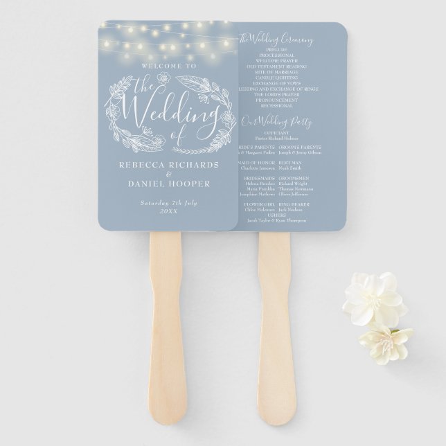 Staubblaue Lichterkette Hochzeitsprogramm Fächer (Vorne und Hinten)