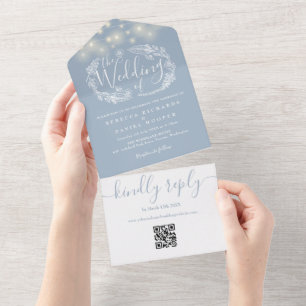 Staubblaue Lichterkette QR-Code Hochzeit All In One Einladung