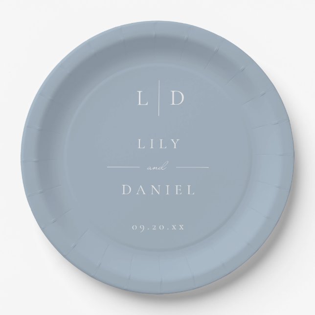 Staubblaue minimalistische Monogramm-Hochzeit Pappteller (Vorderseite)