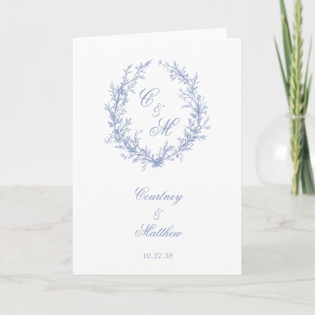 Staubblaue Monogramm Botanischer Kranz Hochzeit Programm (Vorderseite)
