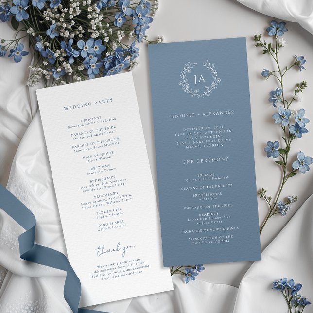 Staubblaue Monogramm-Hochzeit Programm (Von Creator hochgeladen)