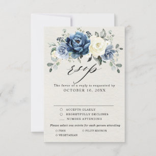 Staubblaue Navy Champagner Elfenbein Florale Hochz RSVP Karte
