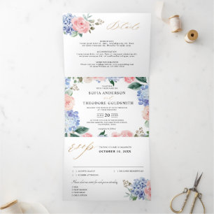 Staubblaue Pastellrosa Hortensien Hochzeit Tri-Fol Dreifach Gefaltete Ankündigung