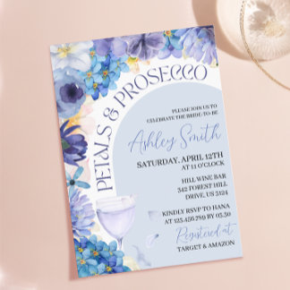 Staubblaue Petal Prosecco Hochzeitsdusche-Einladun Einladung