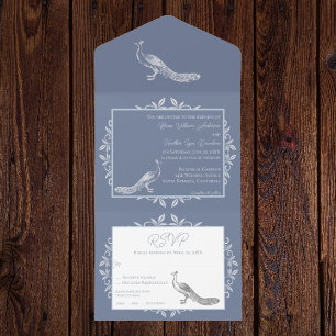 Staubblaue Pfau Flourish Alles-in-einem-Hochzeitse All In One Einladung