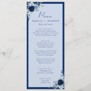 Staubblaue Rose Navy Floral Elegante Hochzeitsdinn Menükarte