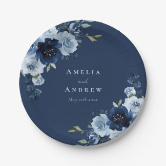 Staubblaue Rose Navy Florale Elegante Hochzeit Pappteller