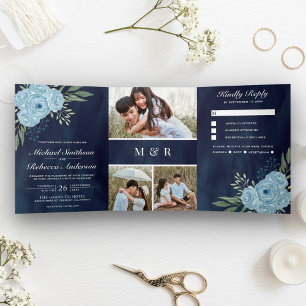 Staubblaue Rosen Fotocollage Marineblaue Hochzeit Dreifach Gefaltete Einladung